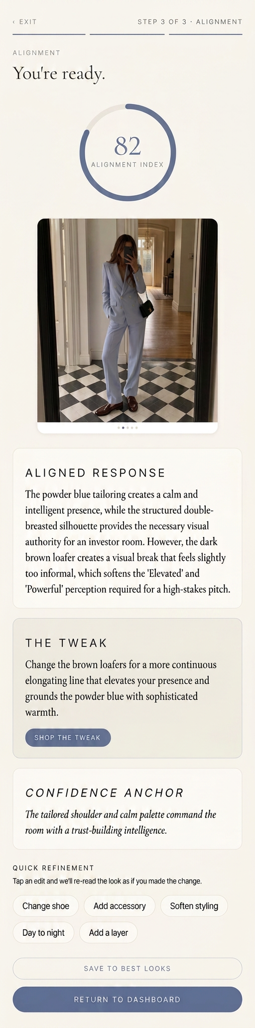 The ALIGNED app alignment screen showing an 82 Alignment Index, a mirror selfie in a powder blue suit with dark brown loafers, and the Aligned Response, The Tweak, Confidence Anchor and Quick Refinement cards